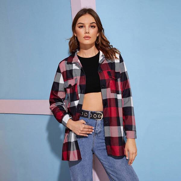 

Flap Pockets Button Front Plaid Shirt Coat, Multicolor