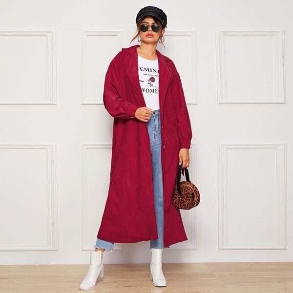 

Corduroy Lapel Collar Single Breasted Belted Coat