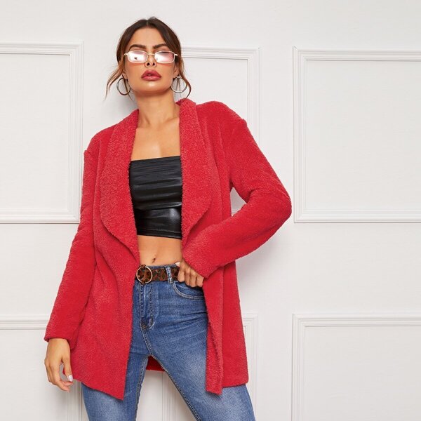 

Shawl Collar Open Front Short Teddy Coat, Red