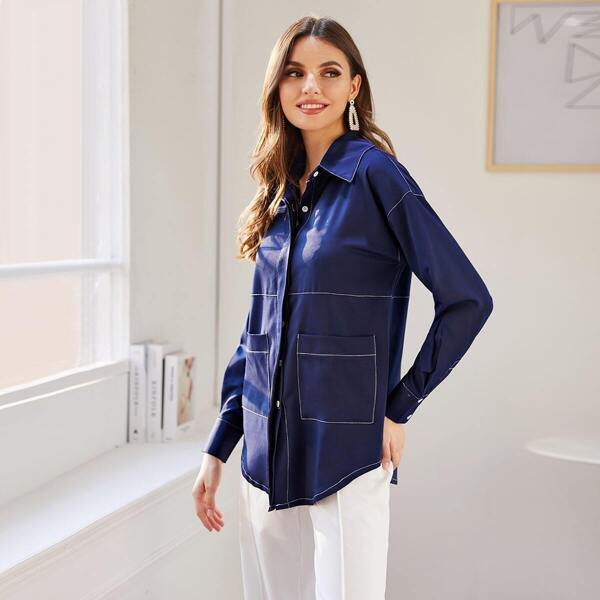 

Contrast Topstitching Dual Pockets Shirtcoat, Navy