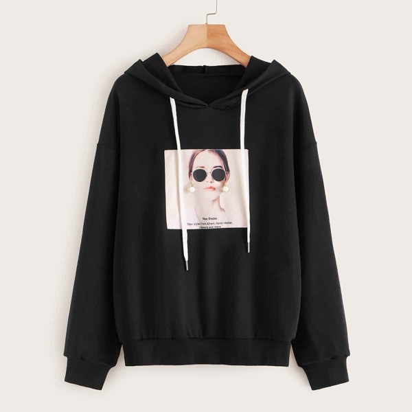 

Figure Print Earrings Decoration Hoodie, Black
