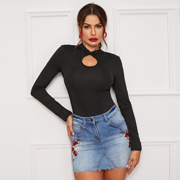 

Mandarin Collar Peekaboo Skinny Tee, Black