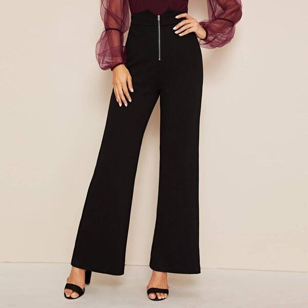Notch Waist Zip Front Flare Leg Pants, Black