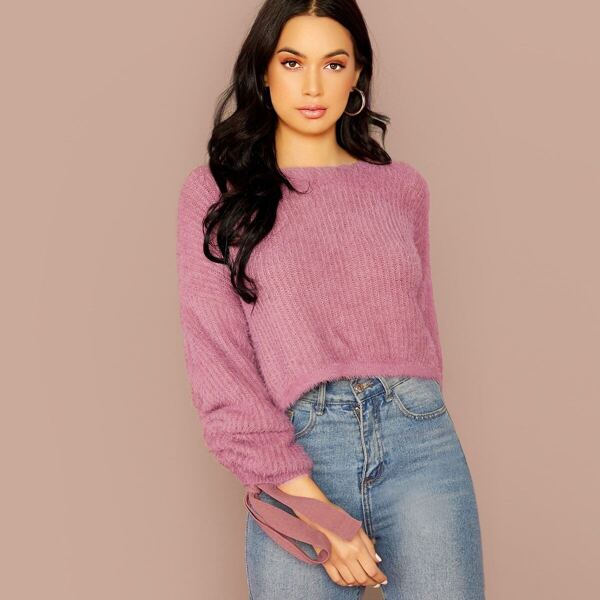 

Drawstring Sleeves Fluffy Knit Pullover Sweater