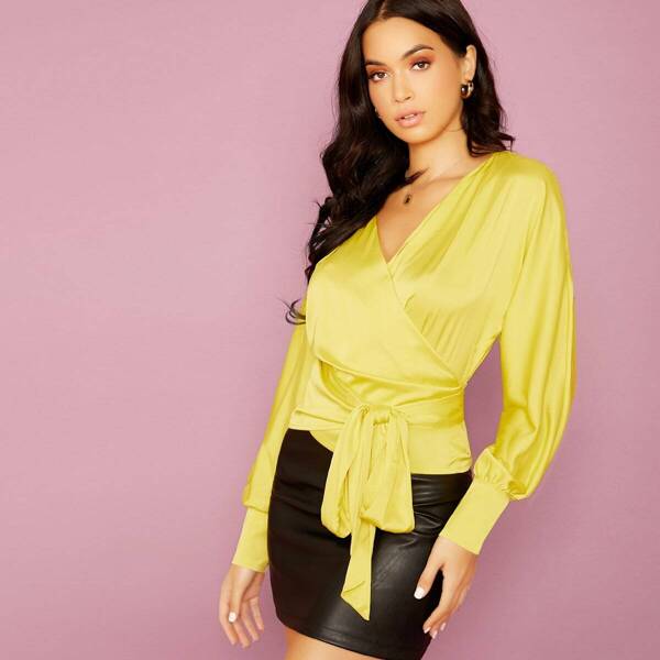 

Long Sleeve Satin Wrap Blouse