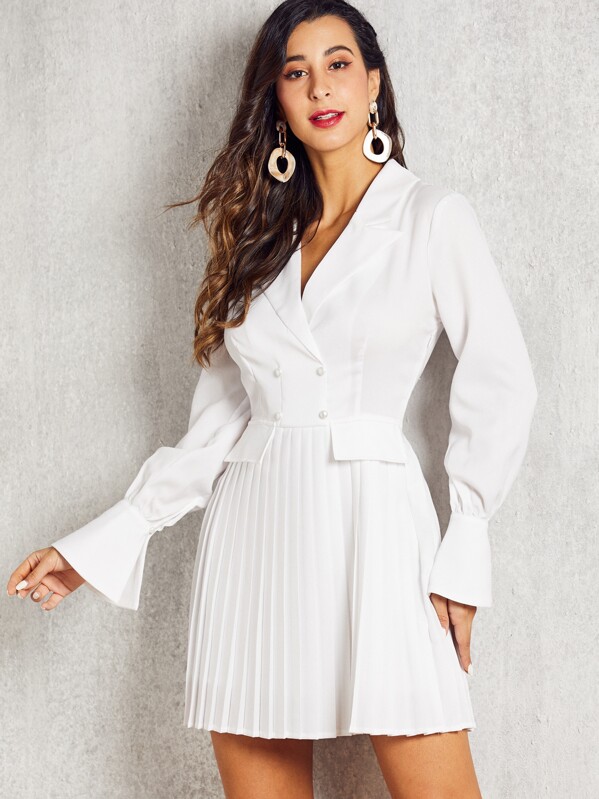 

SBetro Double Button Pleated Hem Blazer Dress, White
