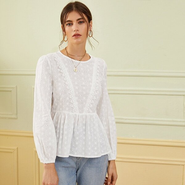 

Eyelet Embroidery Ruffle Hem Blouse, White