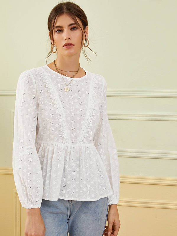 

Eyelet Embroidery Ruffle Hem Blouse, White, Mila