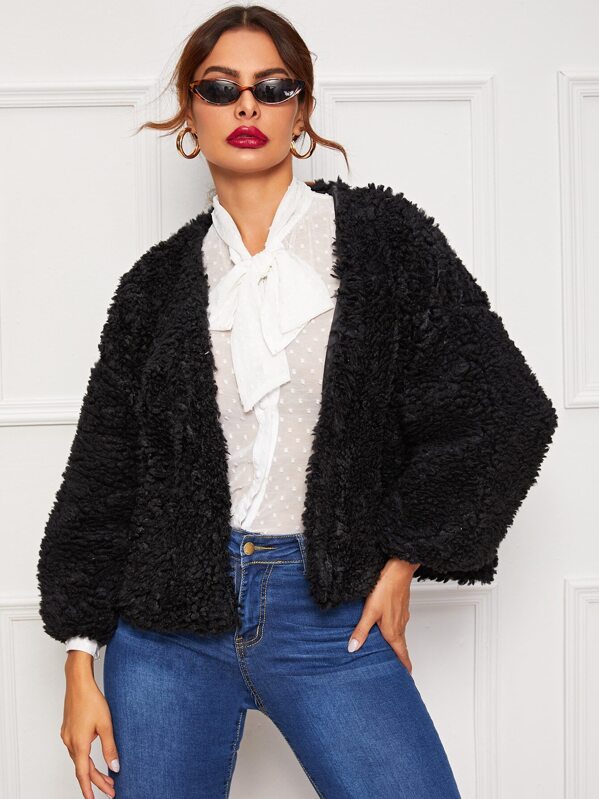 

Drop Shoulder Open Front Teddy Jacket, Black, Andy