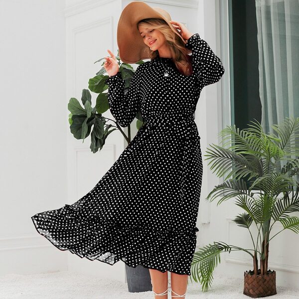 

Self Belted Ruffle Trim Polka Dot Dress, Black