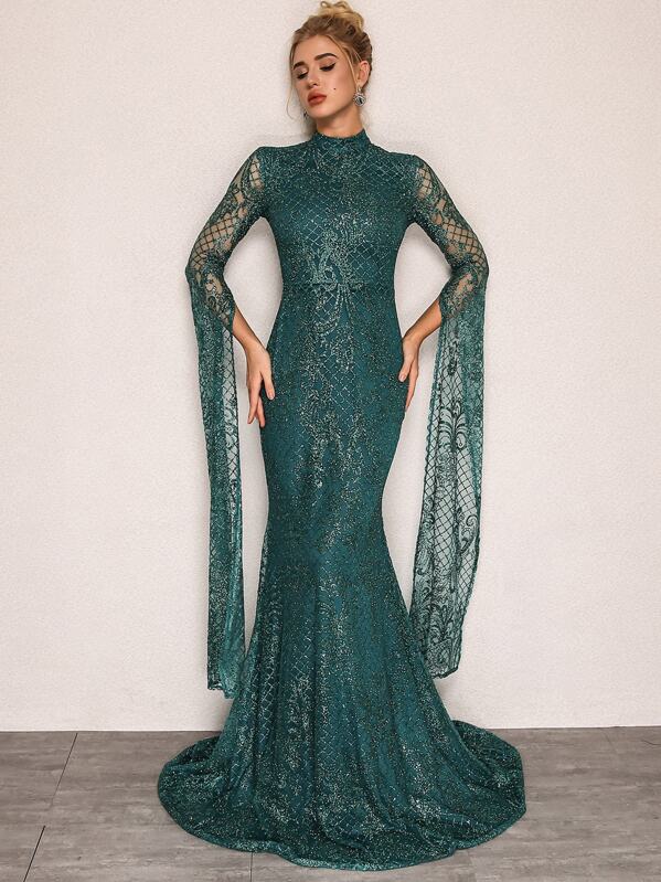 

Joyfunear Extra Long Sleeve Sequin Mesh Overlay Dress, Green