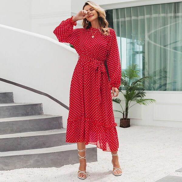 

Self Belted Ruffle Trim Polka Dot Dress, Bright rose red