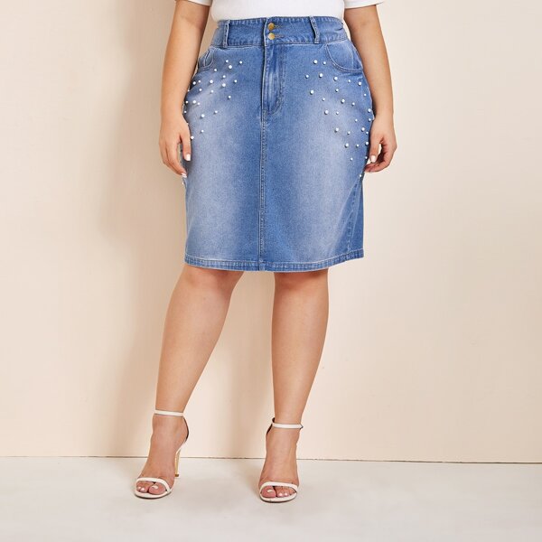 

Plus Pearls Beaded Slant Pocket Bleach Wash Denim Skirt, Blue
