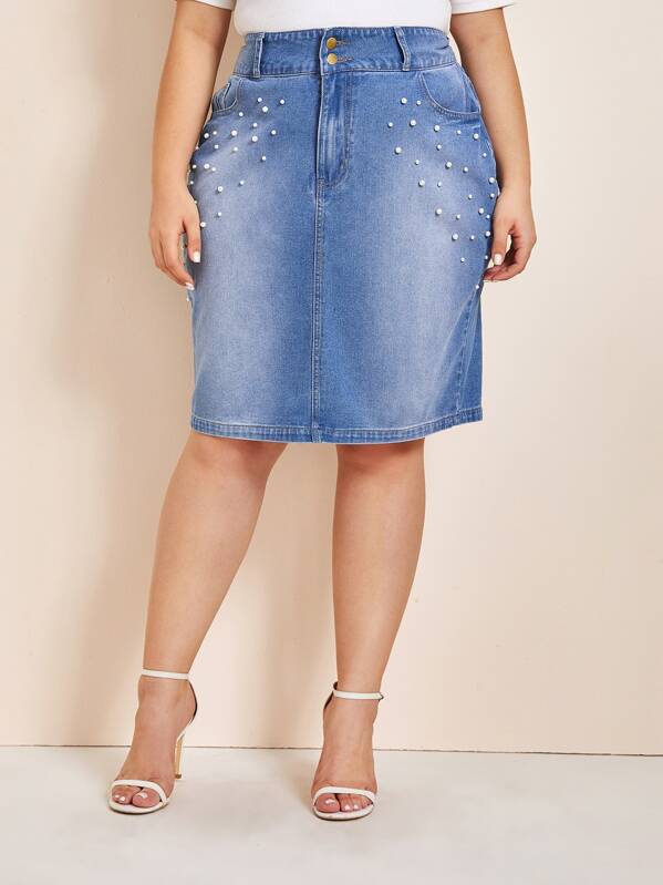 

Plus Pearls Beaded Slant Pocket Bleach Wash Denim Skirt, Blue, Carol