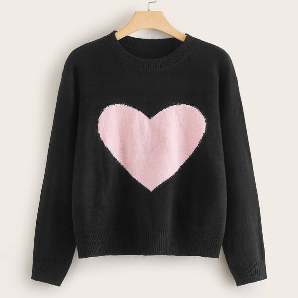 

Plus Colorblock Heart Pattern Sweater, Black