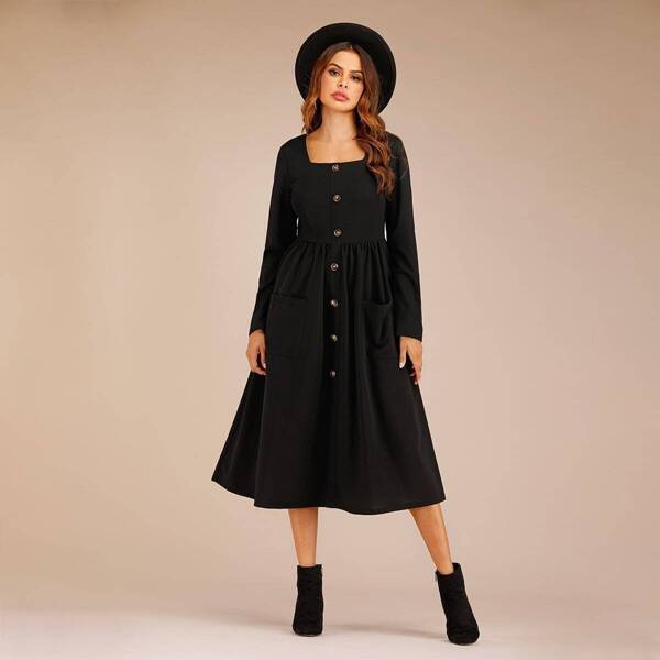 

Square Neck Button Front Dress, Black