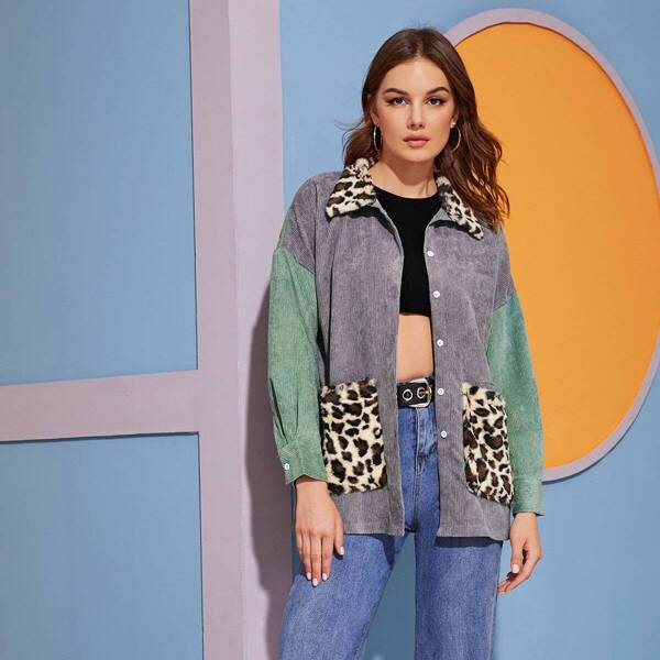 

Cut And Sew Cheetah Print Corduroy Coat, Multicolor