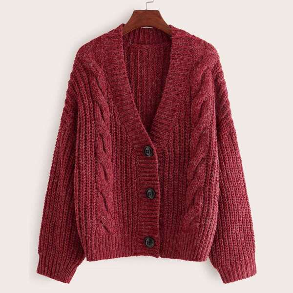 

Cable Knit Button Through Cardigan, Burgundy