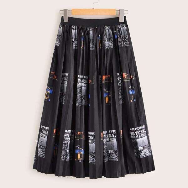 

Letter Print Elastic Waist Pleated Skirt, Black