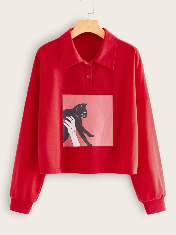 

Cat Graphic Half Placket Sweatshirt, Red