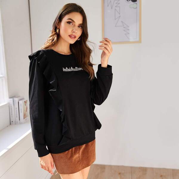 

Letter Print Ruffle Trim Sweatshirt, Black