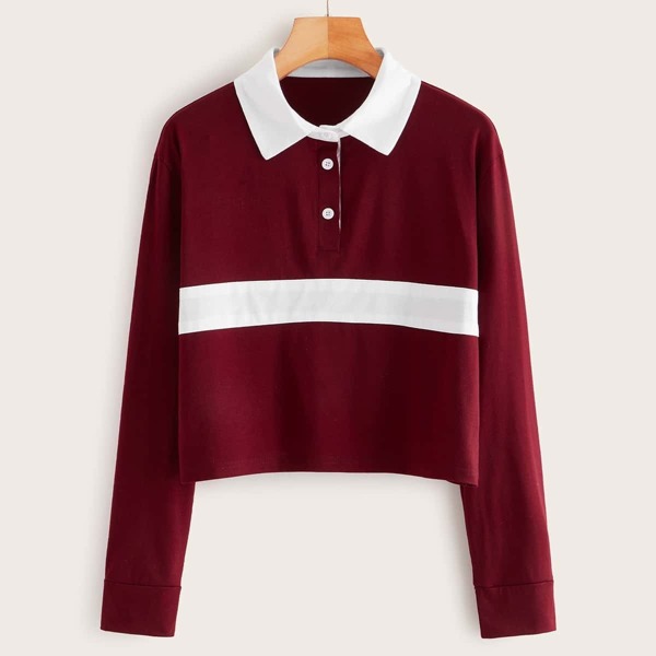

Contrast Panel Half Placket Tee, Burgundy
