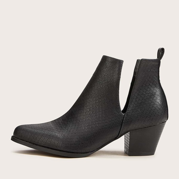 

Side Cut Snakeskin Chunky Booties, Black