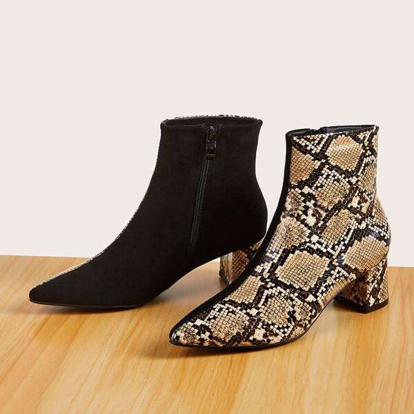 

Point Toe Snakeskin Print Side Zip Boots
