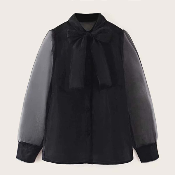 

Tie Neck Sheer Mesh Blouse, Black