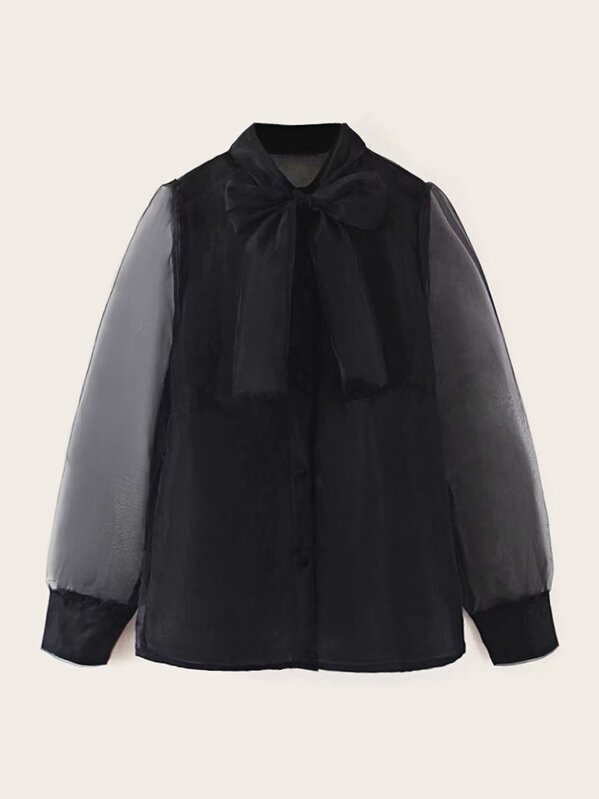 

Tie Neck Sheer Mesh Blouse, Black