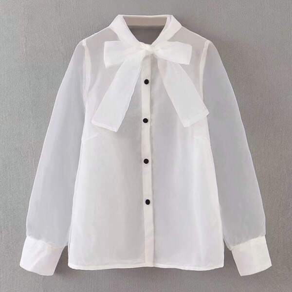 

Tie Neck Sheer Mesh Blouse, White