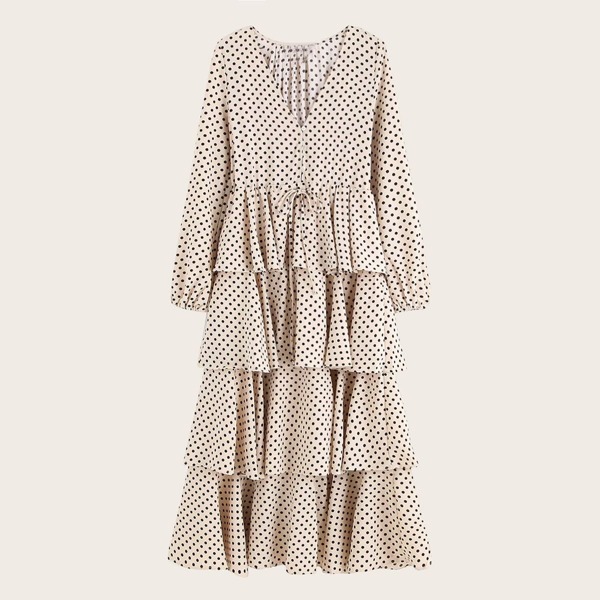 

Polka Dot Layered Ruffle Hem A-line Dress, Beige