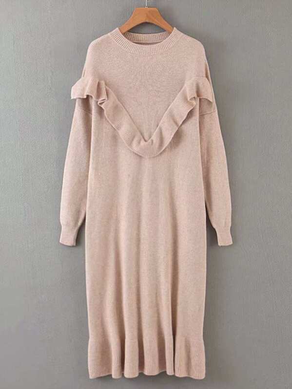 

Drop Shoulder Ruffle Trim Sweater Dress, Khaki