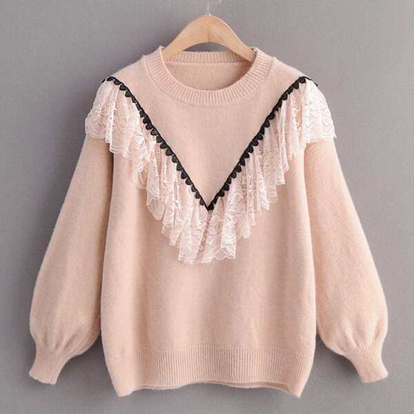 

Drop Shoulder Lace Panel Ruffle Jumper