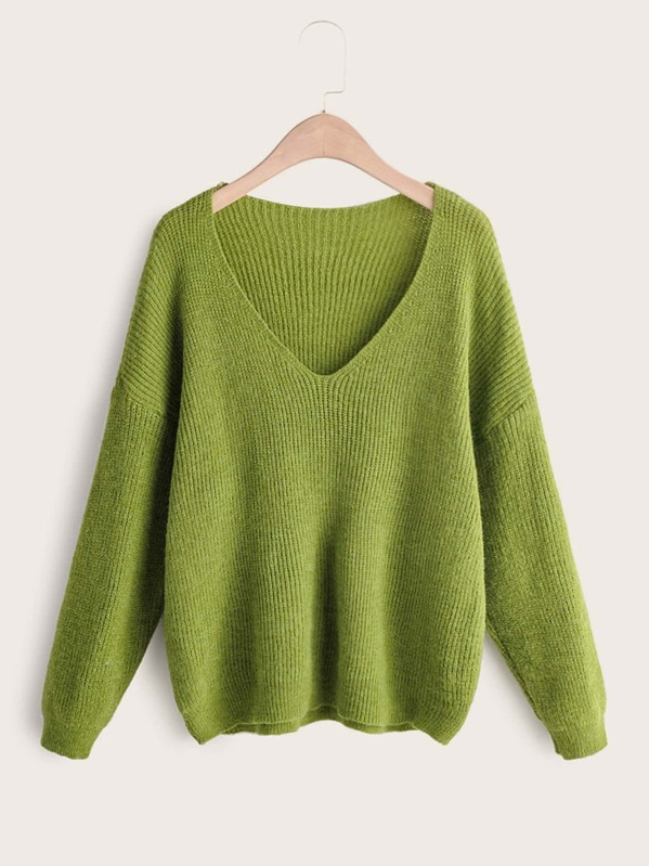 

V-neck Ribbed Knit Jumper, Green