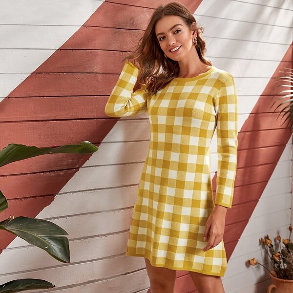 

Round Neck Gingham Sweater Dress, Yellow