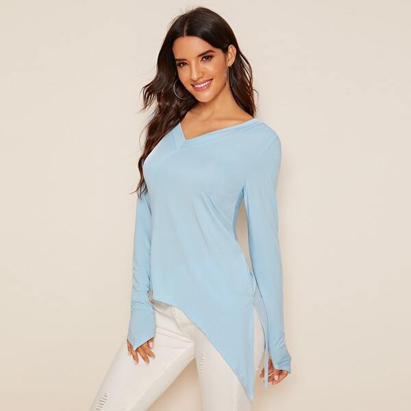 

Double V-neck Asymmetrical Hem Tee, Blue pastel