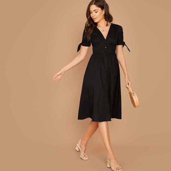 

Plunging Knot Cuff Button Front Dress, Black