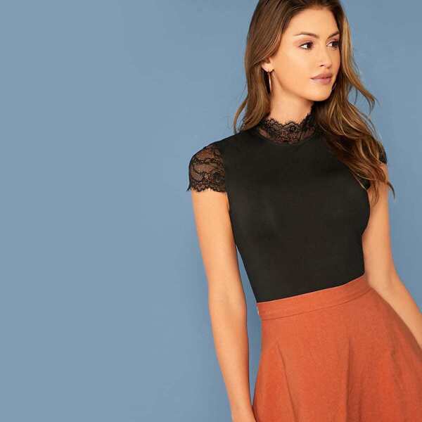 

Mock Neck Lace Trim Fitted Tee, Black