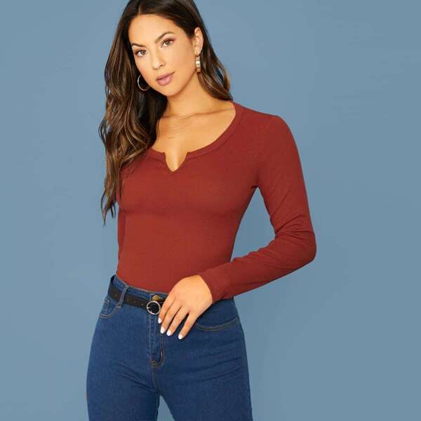 

Notch Neck Rib-knit Fitted Tee, Red