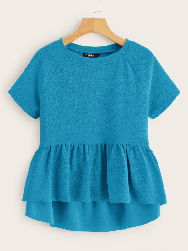 

Solid Raglan Sleeve Peplum Top, Blue