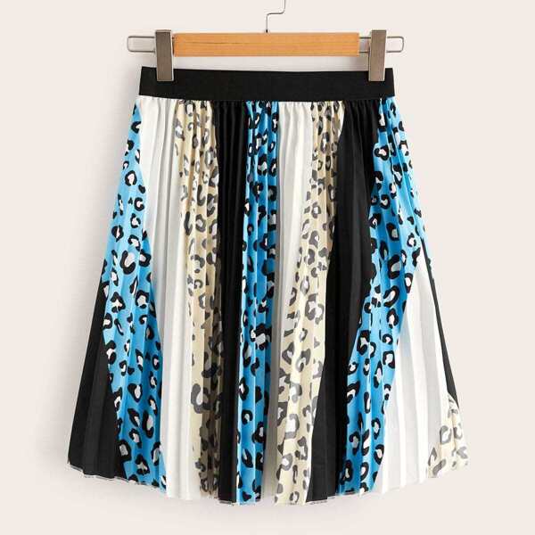 

Leopard Print Color-block Pleated Skirt, Multicolor