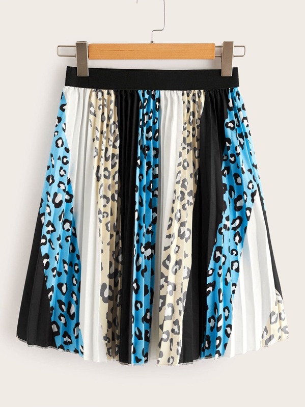 

Leopard Print Color-block Pleated Skirt, Multicolor