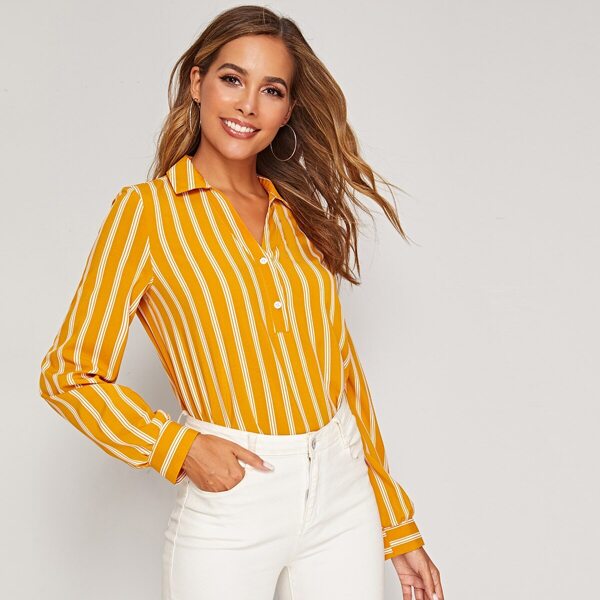 

Striped Print Button Half Placket Shirt, Yellow