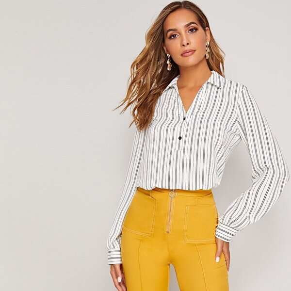 

Striped Button Half Placket Blouse, White