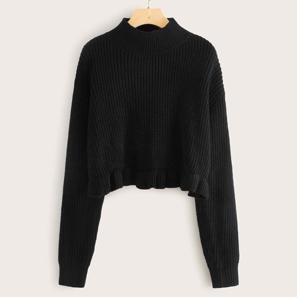 Mock Neck Drop Shoulder Ruffle Hem Sweater, Black