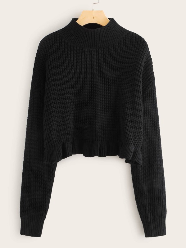 

Mock Neck Drop Shoulder Ruffle Hem Sweater, Black
