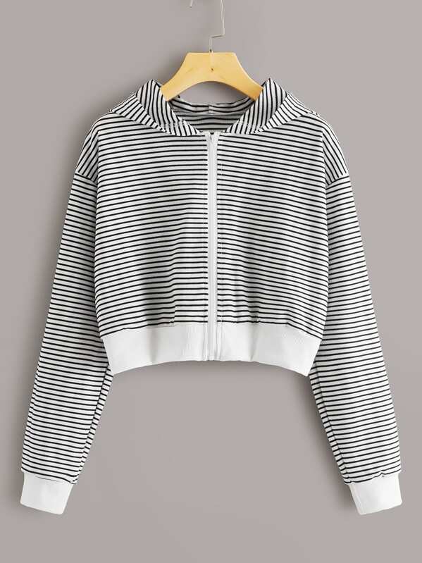 

Zip Up Striped Hooded Sweatshirt, Black and white