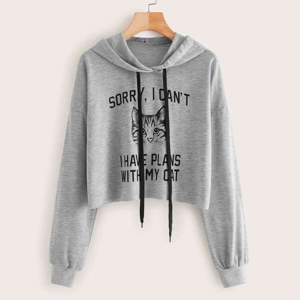 

Cat & Letter Print Space Dye Hoodie, Grey