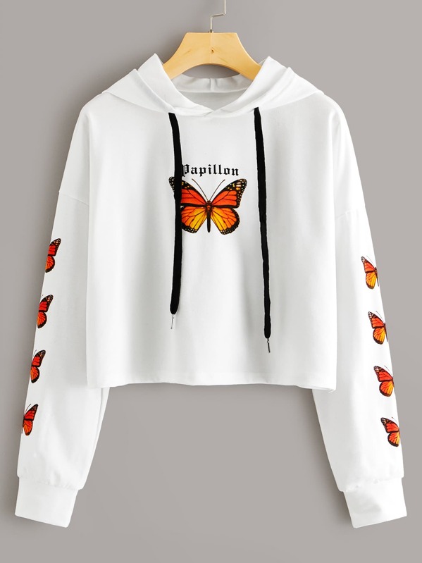 

Butterfly & Letter Print Drawstring Hoodie, White